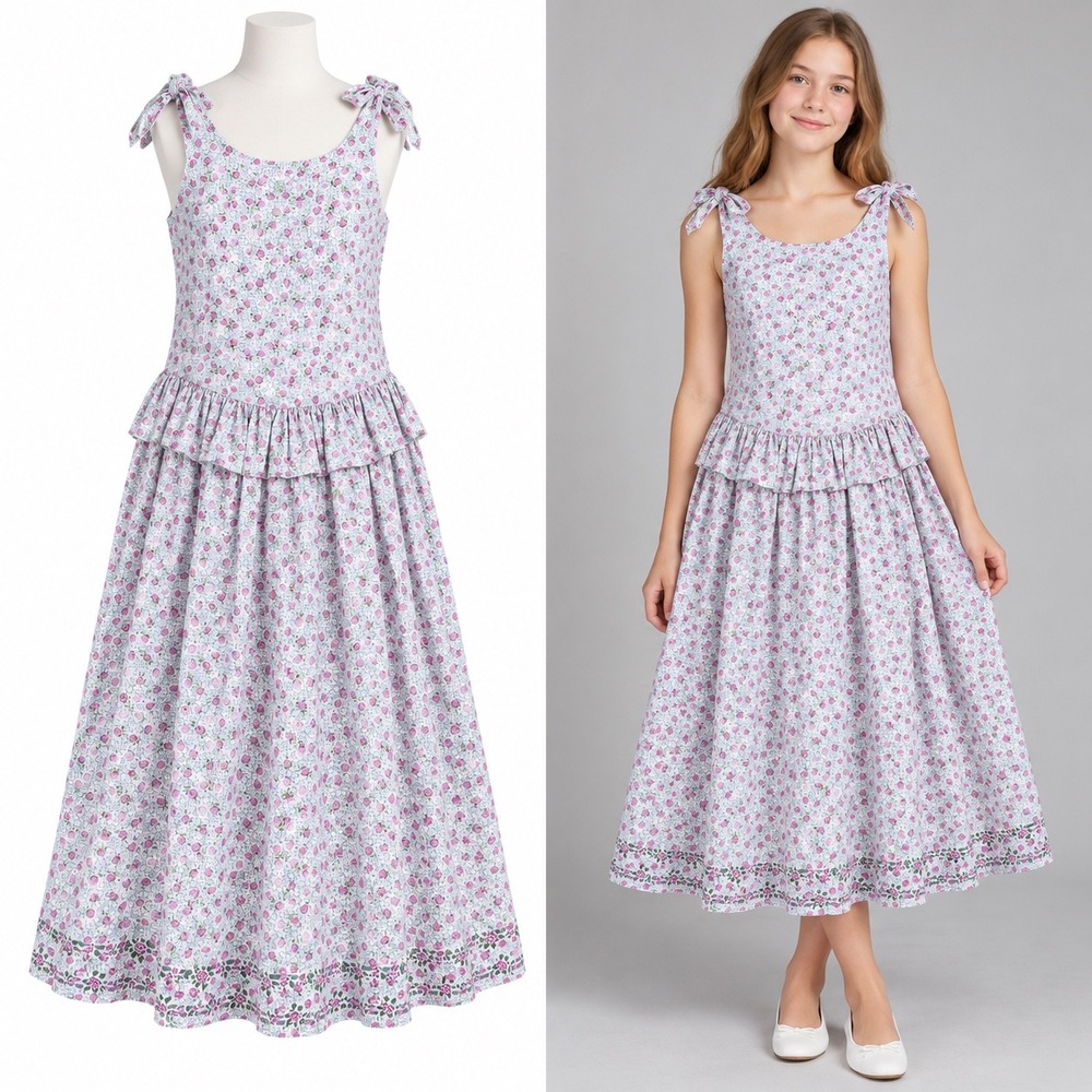 Mousefeathers Dress Girls 14 Pink Floral Gingham Ruffle Tier Tie Shoulder Midi